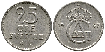 Швеция 25 эре 1967 U Густав VI Адольф (1950-1973) KM 836 медно-никель 3458-152