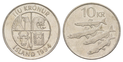 Исландия 10 крон 1994 рыбы KM 29.1 медно-никель 4635-142