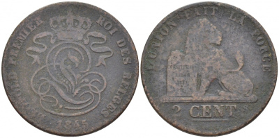 БЕЛЬГИЯ 2 САНТИМА 1845 BELGES KM 4.2 медь 4448-722