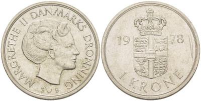 Дания 1 крона 1978 S; B, Маргрете II (1972-) KM 862.1 медно-никель 4551-1256