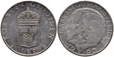Швеция 1 крона 1990 Карл XVI Густав (1973- ) KM 852a медно-никель 4398-1241