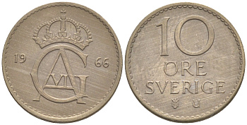 Швеция 10 эре 1966 Густав VI Адольф (1950-1973) KM 835 медно-никель UNC 187-819