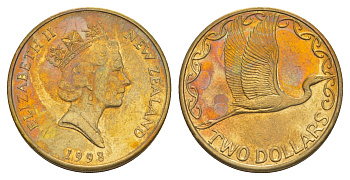 Новая Зеландия 2 доллара 1998 Елизавета II (1952-2022), большая белая цапля KM 79 алюминиевая бронза 4652-714