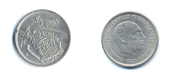 ИСПАНИЯ 5 ПЕСЕТ 1957 (69) ФРАНСИСКО ФРАНКО ДИКТАТОР ИСПАНИИ (1939-1975) KM 786 медно-никель 23-412