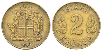 Исландия 2 кроны 1946 год-тип KM 13 алюминиевая бронза 4666-912