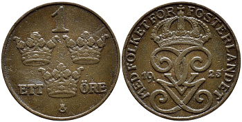 Швеция 1 эре 1925 Густав V (1907-1950) KM 777.2 бронза 4396-163