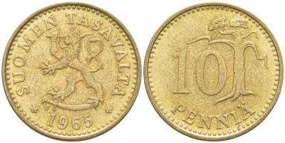 ФИНЛЯНДИЯ 10 ПЕННИ 1965 S КМ 46 алюминиевая бронза 3309-267