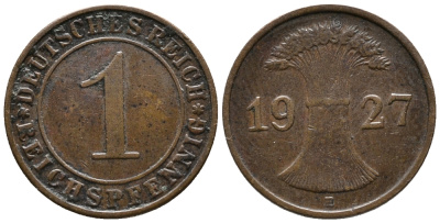 ГЕРМАНИЯ 1 РЕЙХСПФЕННИГ 1927 E KM 37, J. 313 бронза 39-941