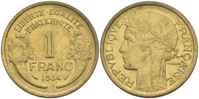 Франция 1 франк 1934 KM 885, Le Franc 219.2 алюминиевая бронза 4142-825