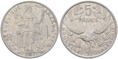 Французская Новая Каледония 5 франков 2003 птица кагу, (IEOM) KM 16, Schoen 12, Lec 81h алюминий 189-1126