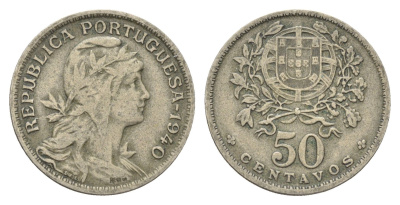 Португалия 50 сентаво 1940 голова Свободы вправо KM 577 никель латунь 4659-631