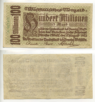 Германия, Мюнстер 100000000 марок 1923 нотгельд, 11 августа 1923, земля Северный Рейн-Вестфалия бумага 7217-89-3-2