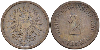ГЕРМАНИЯ 2 ПФЕННИГА 1876 A, СТАРОГЕРБОВКА KM 2, J. 2, Weege 3 медь 212-617