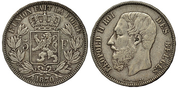 Бельгия 5 франков 1870 Леопольд II (1865-1909) KM 24 серебро 443-1212