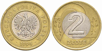 Польша 2 злотых 1994 MW KM 283 биметалл 60-355