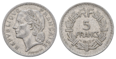 Франция 5 франков 1945 KM 888b алюминий 81-635
