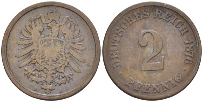 ГЕРМАНИЯ 2 ПФЕННИГА 1876 A, СТАРОГЕРБОВКА KM 2, J. 2, Weege 3 медь 212-617