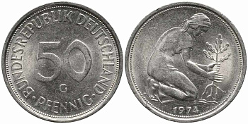 ФРГ 50 ПФЕННИГОВ 1974 G KM 109.1, J. 384 медно-никель 112-164