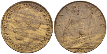 Великобритания 1 фартинг 1921 Георг V (1910-1936) KM 808.2, Spink 4060 бронза 4543-1023