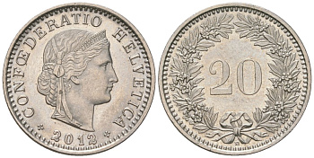 Швейцария 20 раппенов 2012 B KM 29a медно-никель UNC 4549-1124