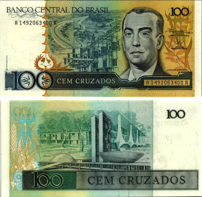 БРАЗИЛИЯ 100 КРУЗАДО 1987 ПОДПИСЬ 24, СЕРИЯ А 14810 Pick 211b бумага UNC (ПРЕСС) 8518-50-1-1
