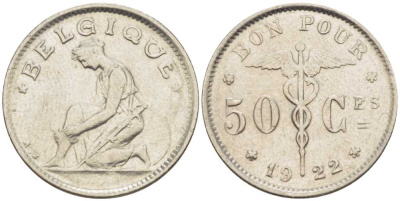 Бельгия 50 сантимов 1922 Belgique, Альберт I (1910-1934) KM 87 никель 206-131