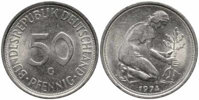 ФРГ 50 ПФЕННИГОВ 1974 G KM 109.1, J. 384 медно-никель 112-164
