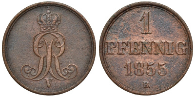 Ганновер 1 пфенниг 1855 B, Георг V KM 221, AKS 155, J. 83 медь 4594-535