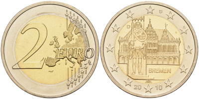 ФРГ 2 евро 2010 D, Бремен, городская ратуша и Роланд, серия Федеральные земли Германии KM 285 биметалл UNC 4592-1211