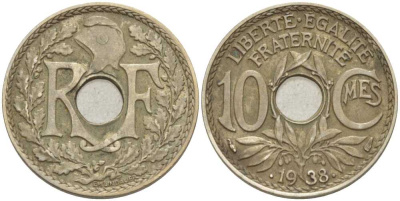 ФРАНЦИЯ 10 САНТИМОВ 1938 ТИП ЛИНДАЙЁ, .1938. KM 889.1, LE FRANC 139.3 никель бронза 202-116