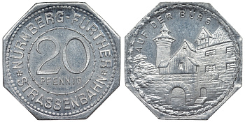 Германия, Нюрнберг - Фюрт 20 пфеннигов ND трамвайный жетон, замок алюминий UNC 4119-645