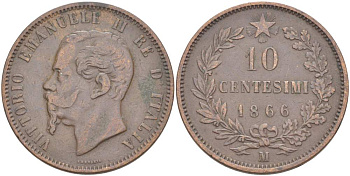 ИТАЛИЯ 10 ЧЕНТЕЗИМО 1866 M, МОНДВОР МИЛАН, ВИКТОР ЭММАНУИЛ II (1861-1878) KM 11.1 медь 4526-811
