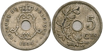 Бельгия 5 сантимов 1904 Belgique KM 54 медно-никель 4136-463