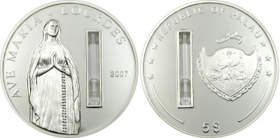 Палау 5 долларов 2007 Лурдес, явление Девы Марии, тираж 5000 экземпляров серебро PROOF 4-5-3-10