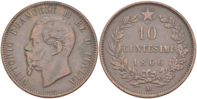 ИТАЛИЯ 10 ЧЕНТЕЗИМО 1866 M, МОНДВОР МИЛАН, ВИКТОР ЭММАНУИЛ II (1861-1878) KM 11.1 медь 4526-811