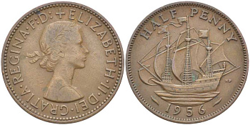Великобритания 1/2 пенни 1956 Елизавета II (1952-2022) KM 896, Spink 4158 бронза 110-722