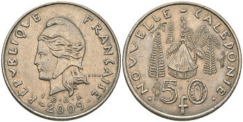 Французская Новая Каледония 50 франков 2009 хижина среди сосен и пальм, (IEOM) KM 13a, Schoen 15a, Lec 128i медно-никель 115-635