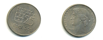 ПОРТУГАЛИЯ 25 ЭСКУДО 1977 KM 607 медно-никель aUNC 54-1444