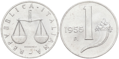 Италия 1 лира 1955 R, весы KM 91 алюминий  UNC  4594-647