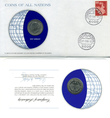 ФРГ 2 МАРКИ 1978 D, ТЕОДОР ХОЙС, конверт с маркой первого дня гашения, Coins of Nations KM А127 медно-никель плакированный никелем UNC 4294-21-3