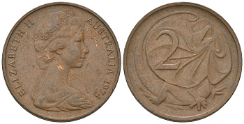 Австралия 2 цента 1974 Елизавета II (1952-2022), плащеносная ящерица (FRILLED LIZARD) KM 63 бронза 4641-457