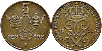 Швеция 5 эре 1936 короткая 6, Густав V (1907-1950) KM 779.2 бронза 4394-932