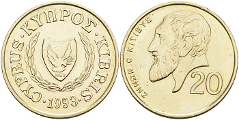 КИПР 20 ЦЕНТОВ 1993 KM 62.2 никель латунь 4563-751