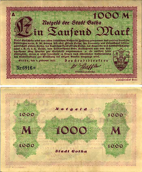 ГОТА 1000 МАРОК 1923 НОТГЕЛЬД, 8 ФЕВРАЛЯ 1923, ЗЕМЛЯ ТЮРИНГИЯ Muller 1825.9 бумага 6318-35-2-1