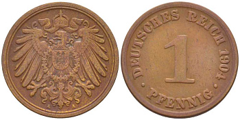 ГЕРМАНИЯ 1 ПФЕННИГ 1904 A KM 10, J. 10, Weege 2 медь 211-322