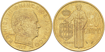Монако 20 сантимов 1979 Ренье III (1949-2005) KM 143 алюминиевая бронза 190-516