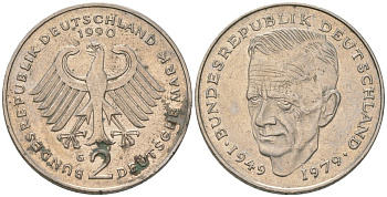 ФРГ 2 марки 1990 G, Курт Шумахер, 30 лет Федеративной Республике KM 149 медно-никель 4565-1012