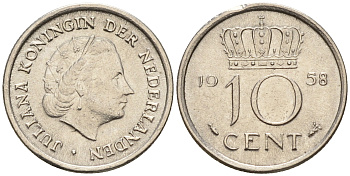 Нидерланды 10 центов 1958 Юлиана (1948-1980) КМ 182 никель    4602-529