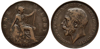 Великобритания 1 пенни 1912 H, Георг V (1910-1936) KM 810, Spink 4052 бронза 180-223