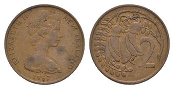 Новая Зеландия 2 цента 1967 Елизавета II (1952-2022), два цветка кохаи KM 32.1 бронза 4655-1141